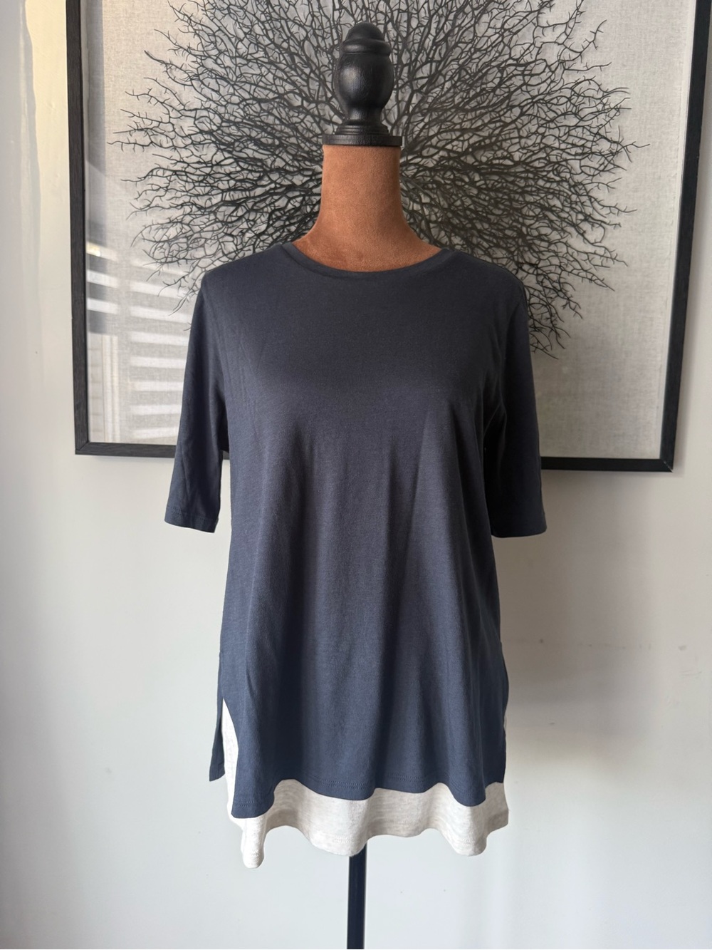 Vince Navy Blue Gray Double  Layer Short Sleeve Shirt